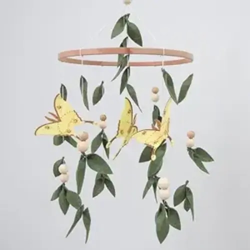 Goukurlsma Forest Crib Mobile for Girls Boys, Yellow Butterfly & Green Leaves Baby Mobile for Crib, Butterfly Mobile for Crib Girl, Forest Nursery Mobile