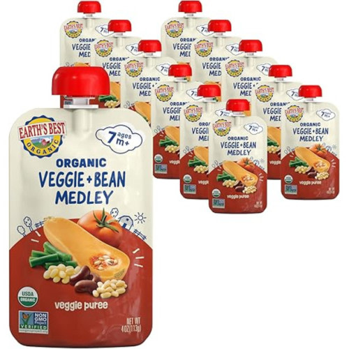 Earth's Best Organic Veggie Puree Veggie + Bean Medley Pouch, 4 oz (12-Pack)