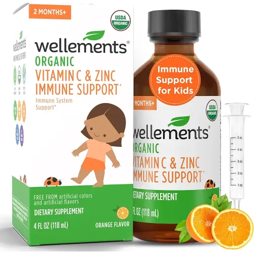 Wellements Organic Vitamin C & Zinc Immune Support* Supplement for Children 2 Months+ | USDA Organic, Free from Dyes, Paragons & Top 9 Most Common Allergens, Orange Flavor, (4 Fl Oz)