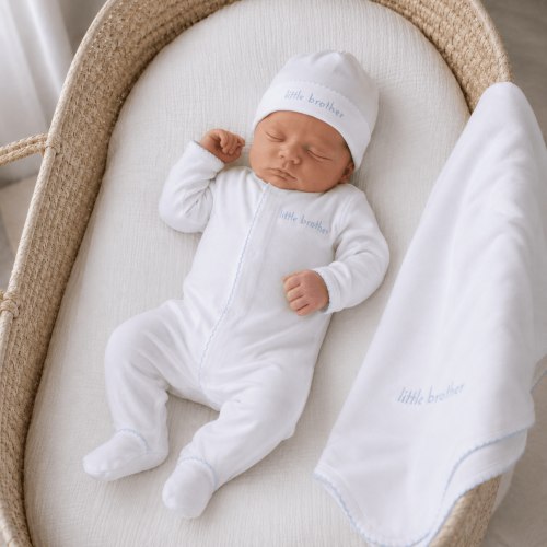 Baby Boy Little Brother Footie Take Me Home Set - Hand-Embroidered