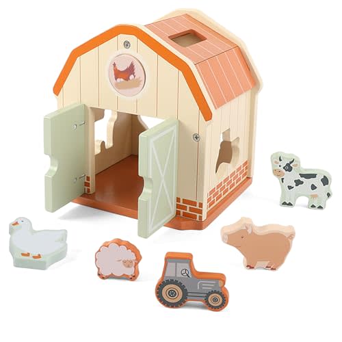 Freniland Wooden Farm Toys for Toddlers 1-3, Farm Barn Shape Sorter Playset with 5 Farm Animal Figures & Wooden Tractor, Montessori Pretend Play Learning Toy, Educational Gift for Boys & Girls