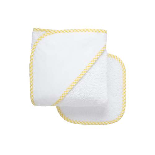 Big Check Trim Baby Hooded Towel & Washcloth Set, Yellow