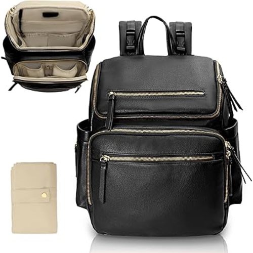 Diaper Bag Backpack Baby Diaper Bag Leather with 17 Diaper Bag Organizing Pouches,Changing Pad,Stroller Straps,4 Insulated Pockets,Black