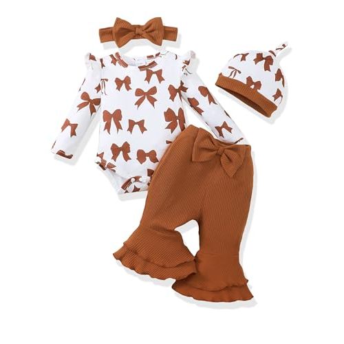 Renotemy Preemie Newborn Baby Girl Clothes Infant Romper Fall Winter Outfits Gifts for Girls Cute Bell Bottoms Pant Sets