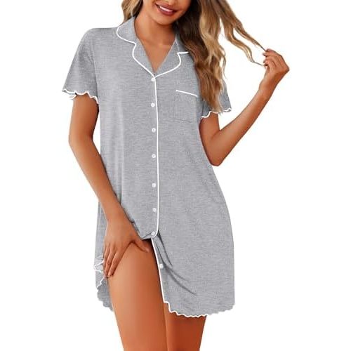 Ekouaer Nightgowns for Women Button Down Sleep Shirt Short Sleeve NightShirts Boyfriend Sleepdress Soft Pajama Dress