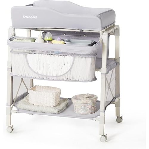 Sweeby Portable Baby Changing Table, Foldable Changing Table Dresser Changing Station for Infant, Waterproof Pad Topper, Mobile Nursery Organizer for Newborn Essentials,Haze Grey