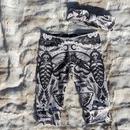 Goth Baby Clothing Set - Sugar Skull Shirt Damask Deathshead Moth Pants Hat or Headband - Emo Hawkmoths Gothic Kids