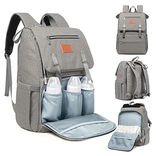 KeaBabies Baby Diaper Bag Backpack with Changing Pad - Waterproof Baby Bag for Mom and Dad, Insulated Bottle Pockets, Durable Toddler, Twin, Boy Girl Diaper Backpack for Travel, Large (Classic Gray)