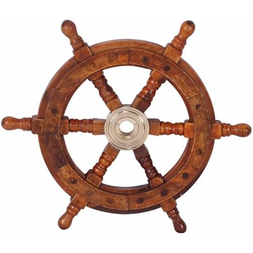 The Vintage Venue Nautical Wooden Wall Decor Ship Wheel 12" Boat Steering Wheel – Rustic Brown Maritime Brass Accent Sculpture for Coastal Home Decor