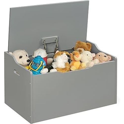 Badger Basket Bench-Top Wooden Toy Box in Gray – Safe Storage Chest with Dual Safety Hinges, Side Handles, and Front Slot