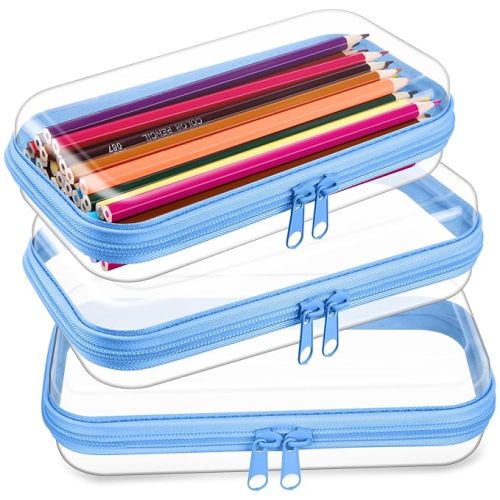 Hoolerry 3 Pcs Clear Hard Zipper Case Hard Plastic Zipper Pouch Makeup Bag Portable Travel Organizer for Cosmetics, Office Supplies, Documents & Toiletries(Blue,S)