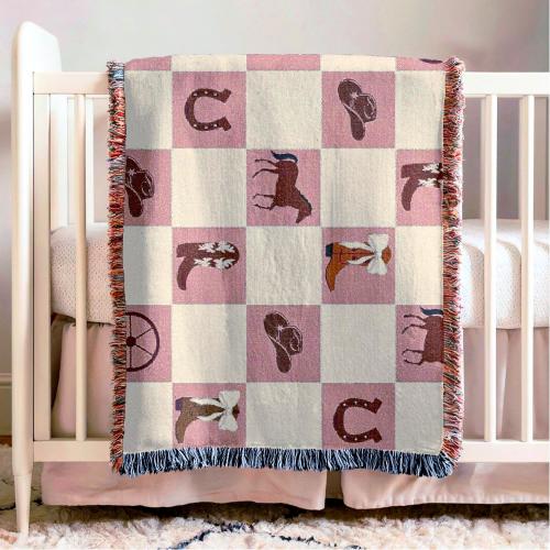 Cowgirl Baby Blanket Girls Western Nursery Decoration Pink Checker Blanket Personal Baby Shower Gift Newborn Keepsake Gift For Granddaughter