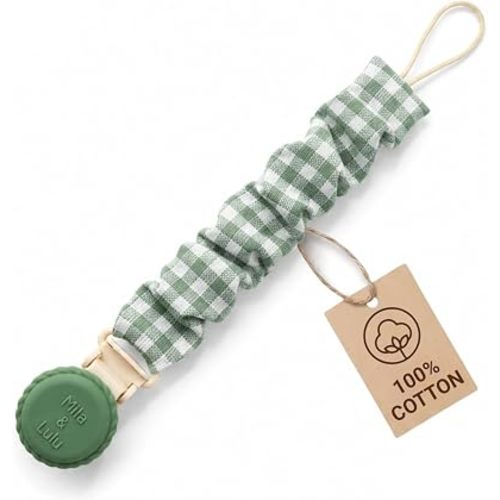 Muslin Cotton Pacifier Clips- Metal-Free, Lightweight and Secure Pacifier Holder for Babies (Olive Graine) - Mila & Lulu
