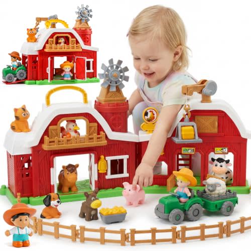 30-Piece Upgraded Farm Animal Big Barn Playset Gifts for Toddlers Christmas | Montessori Learning Toys for 18 Months Olds Girls Boys|Pretend Animal with Tractor Birthday Gifts for 2 Years