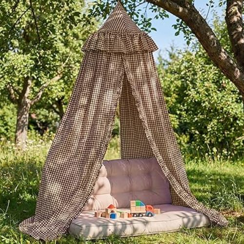 SmoothNovelty Gingham Plaid Bed Canopy with Ruffles Soft Vintage Style Decorative Tent for Reading Nook Play Area or Adult Bedroom Circus Tent Canopy(Brown)
