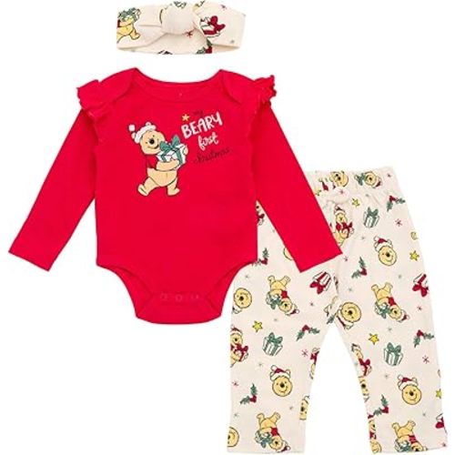Disney Christmas Baby Girls Bodysuit, Pants and Headband 3 Piece Outfit Set Newborn to Infant Sizes (Newborn - 24 Months)