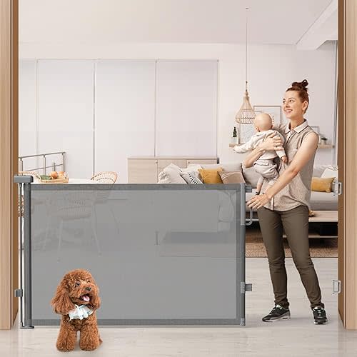 76'' Retractable Baby Gates Extra Wide, Mesh Long Dog Gate for Wide Openings, Indoor Outdoor Stair Gate for Doorways Hallways Deck Porch, Child Pet Safety Essentials for Home, Grey