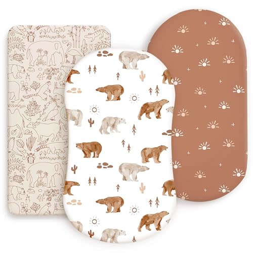 GRSSDER Stretchy Ultra Soft Bassinet Sheet 3 Pack, Universal Fit for Bassinets Baby Cradle Moses Basket Oval Rectangle Mattress or Changing Table Pad Safe and Snug, Stylish Print of Sunny Bear