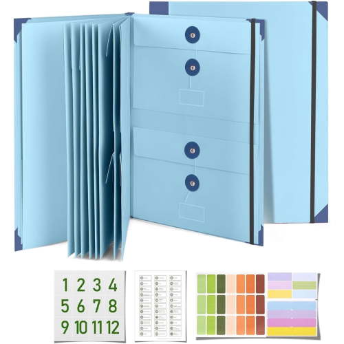 Important Document Organizer, File Folder with Labels and 12 Pockets, Expanding Storage Folder for Family Binder, Life Binder Organizer for Photos and Letters, Blue