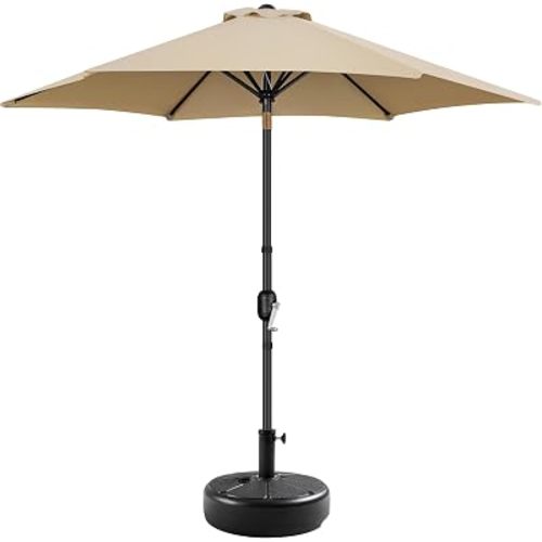 Yaheetech 9FT Patio Umbrella with 80lb Umbrella Base Stand-Round Water & Sand Filled, Market Umbrella w/Push Button Tilt, Crank and Sturdy Ribs, Patio Sunshade with Base Included - Tan