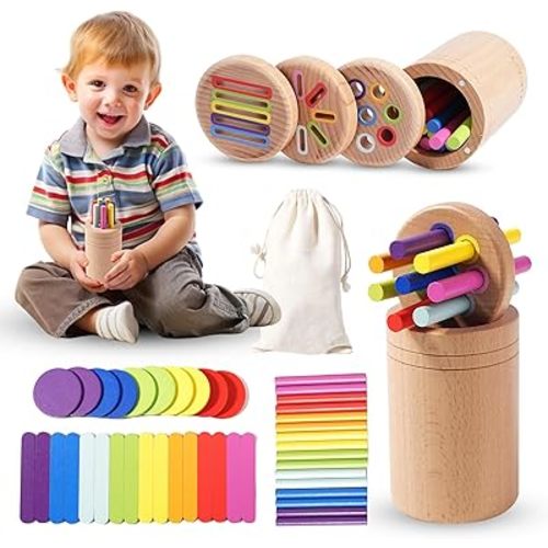 YAANI Montessori Toys for 1-3 Year Old: Wooden Sorting Sticks Toys for Toddlers Age 1 2 3, Fine Motor Developmental Infants Sensory Matching Games, Busy Board 18 Month Old Baby Boys Girls Gifts