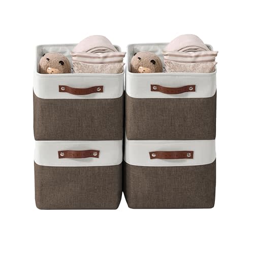 DECOMOMO Storage Bins, Large Fabric Storage Baskets for Shelves 4 Pack | 15 x 11 x 9.5 inches Decorative Linen Closet Organizers (Brown & White)