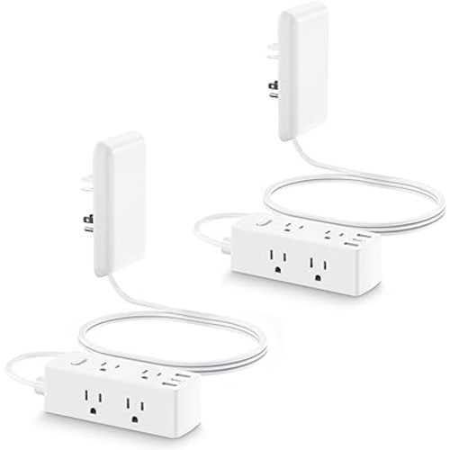 Olcorife Flat Extension Cord with Outlet Cover, Flat Plug Power Strip with 6 Outlets and 3 USB Ports, 5 FT Cord Hidden Outlet Extender for Tight Spaces, Pack of 2