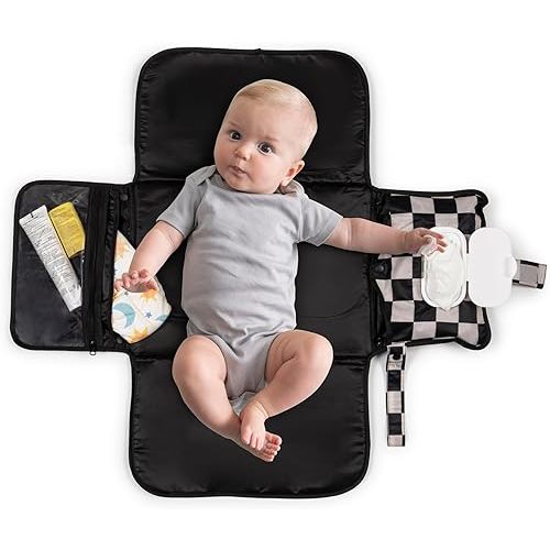 Tiny Twinkle Portable Diaper Changing Pad-Foldable Waterproof Changing Mat&Portable Changing Pad for Travel,Baby Changing Station with Smart Wipes Pocket&Storage (Black Checkers)