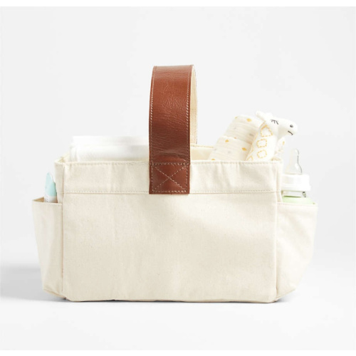 Canvas Diaper Caddy Organizer with Brown Leather Handle