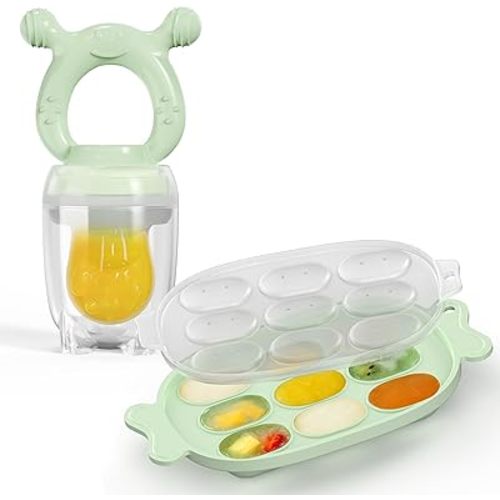 Silicone Baby Fruit Feeder with Freezer Nibble Tray Combo, Baby Teethers, Breastmilk Popsicle Molds for Teething Relief, BPA Free Fresh Food Feeder for Safe Infant Self Feeding (Sage Green)