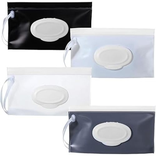 4 PCS Baby Wipe Case Set, Portable Reusable Wipes Pouches, Baby Wipe Holder Travel Travel Wipes Dispenser, Refillable Case for Convenience (White, Gray, Black, Transparent)