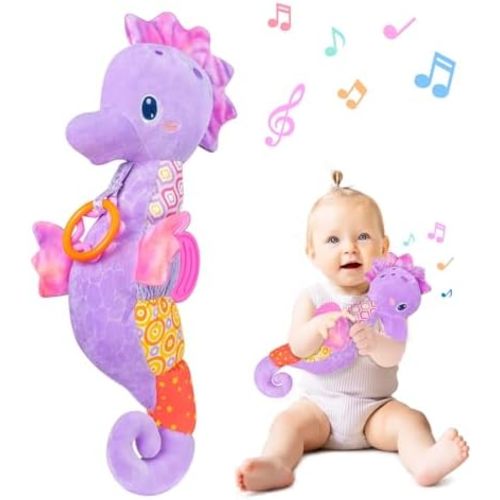 Fuzqq Baby Girl Toys 0-6 Months,Musical Stuffed Animal Plush Toy with Rattle,Soft Newborn Toy for 0 3 6 9 12 Months Girls,Baby Girl Gift,Purple