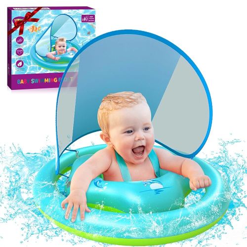 ZIZZ Baby Pool Float with Canopy - 2025 New Inflatable Baby Swim Float with UPF50+Sun Protection, Baby Infant Pool Float with Toy Play Console Adjustable Seat for Toddler Kids Aged 6-36 Months