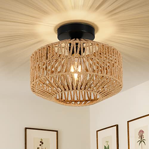 Jobtical Boho Light Fixtures Ceiling Mount,Mini Rattan Chandelier Light Fixture with Dimmable LED Bulb,Hand Woven Ceiling Light Fixtures Flush Mount for Hallway Bedroom Kitchen Entryway Living Room