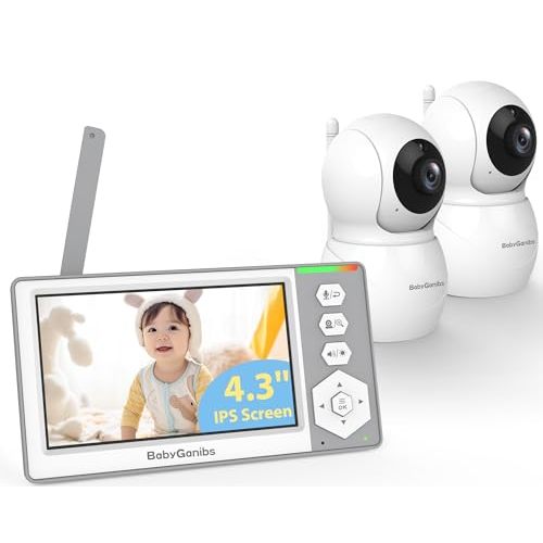 Baby Ganibs Baby Monitor with 2 Cameras Standby for 26-Hour Battery, Remote Control 4.3'' IPS Video Baby Monitor No WiFi Up to 1000ft Range, ECO, Night Vision, Temperature, 2-Way Talk, 8 Lullabies