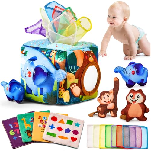 Baby Toys 6-12 Months - Baby Tissue Box Toy for 6 9 12 18 Months Old Montessori Sensory Toys for 1 Year Old Boy Infant Scarf Toy with Crinkle Tissues & Fine Motor Easter Basket Stuffers
