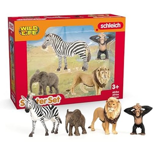 Schleich Wild Life - 4 PC Safari Animals Figurines Set with Zebra, Monkey, Elephant and Lion Toys - Realistic African Animal Figures Playset for Boys and Girls - Educational Toys for Kids Ages 3+