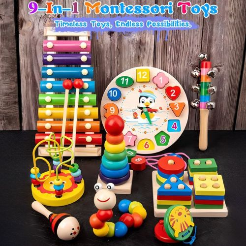 9-in-1Wooden Intellectual Development Toys, Birthday gift For Kids, Early Learning Educational Montessori Toys for Boys Girls 3+