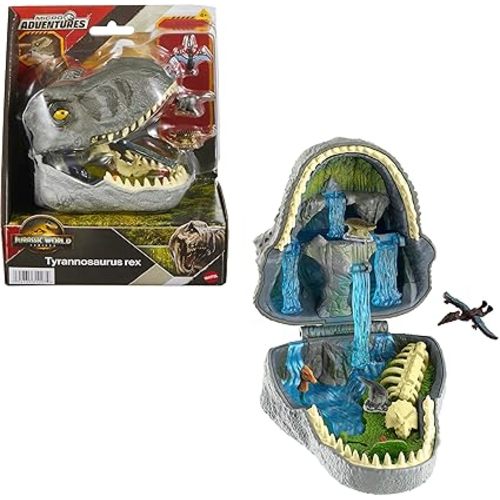 Mattel Jurassic World Rebirth Micro Adventure Playset, Tyrannosaurus Rex Head Opens to 4 Interactive Features, 3 Micro Figures, T. Rex Dinosaur Toy