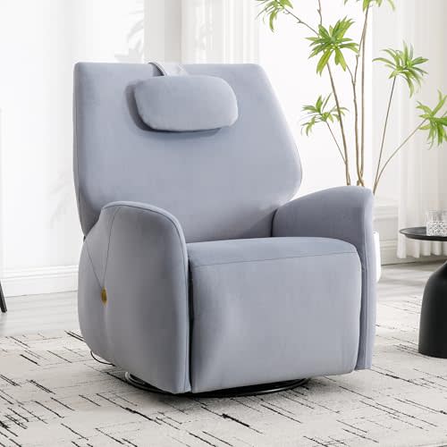 Glider Rocking Chair Nursery, Swivel Rocker, Power Recliner Chair, Nursery Glider Recliner with Adjustable Headrest, USB Ports, Living Room Chairs, Fabric (Fabric Blue, Adjustable Headrest)
