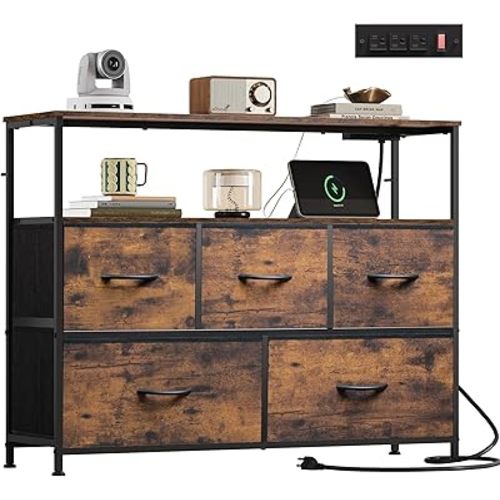 WLIVE Dresser for Bedroom, 5 Drawer Dressers with Charging Station, Fabric Chest of Drawers with Open Shelves, Storage Dresser for Living Room, Closet, Entryway, Rustic Brown Wood Grain Print