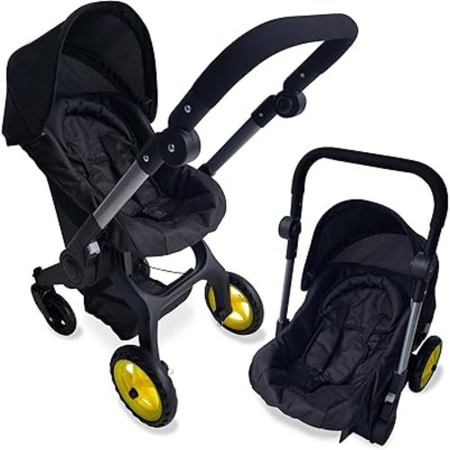 Baby Doll Car Seat Stroller Combo – Convertible 2 in 1 Doll Stroller and Car Seat for Kids – Fits Up to 20” Dolls – Play Toy Baby Stroller with Adjustable Handle for Girls Toddlers All Ages (Black)