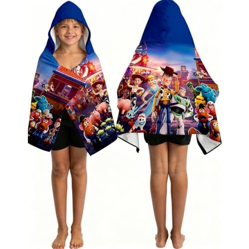 Story Printed Soft Cotton Terry Hooded Towel Wrap, Absorbent Wearable Hooded Towel for Bath Pool Beach, 28 in x 55 in