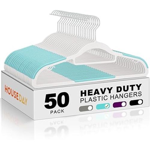 HOUSE DAY Plastic Hangers 50 Pack, Plastic Clothes Hangers Non Slip with Rubber Grip, Heavy Duty Coat Hanger with 360º Swivel Hook, Ultra Thin Hanger Space Saving Closet Organizer - Blue and White