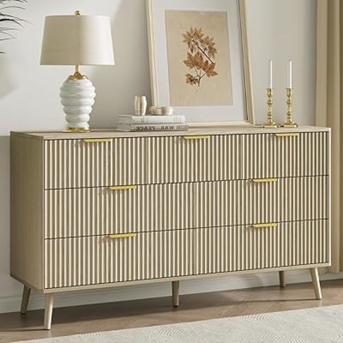 LYNSOM 55" Wide Fluted Dresser for Bedroom with 7 Drawer, Modern Chest of Drawers with Curved Profile Design and Metal Handles, Wood Dresser TV Stand & Storage Organizer for Living Room, Beige