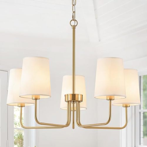 AMZASA Antique Brass Gold Chandelier with Shades, Electroplated Finish, 5 Light Modern Farmhouse Chandeliers with White Fabric Shade, Linear Island Chandelier Lights for Dining Room,Kitchen,Foyer