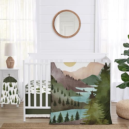 Sweet Jojo Designs 4-Piece Baby Crib Bedding Set (Sage Green Woodland) for Boys or Girls, Infants/Nursery incl. Blanket, Fitted Sheet, Skirt, Diaper Stacker (Forest Nature, Pine Tree, Christmas Trees)