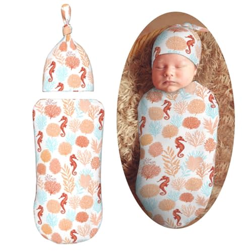 Muishi Tropical Pattern Corals Sea Horse Newborn Swaddle Blankets Hat Sets Soft Baby Receiving Blanket Swaddle Sack for Baby Shower Infant Boy Girl Gift