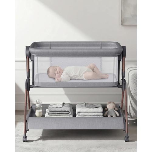 Bassinet - Baby Bassinet,3 in 1 Baby Bassinet Bedside Sleeper, Rocking Bassinet with Wheels,Comfy Mattress,Breathable Mesh,Storage,6 Height Adjustable Crib, for Day and Night(Grey)