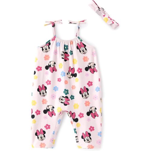 Disney Frozen Elsa Princess Minnie Stitch Marie Girls Romper with Bow Tie Strap and Headband Cute Jumpsuit for Baby & Toddler